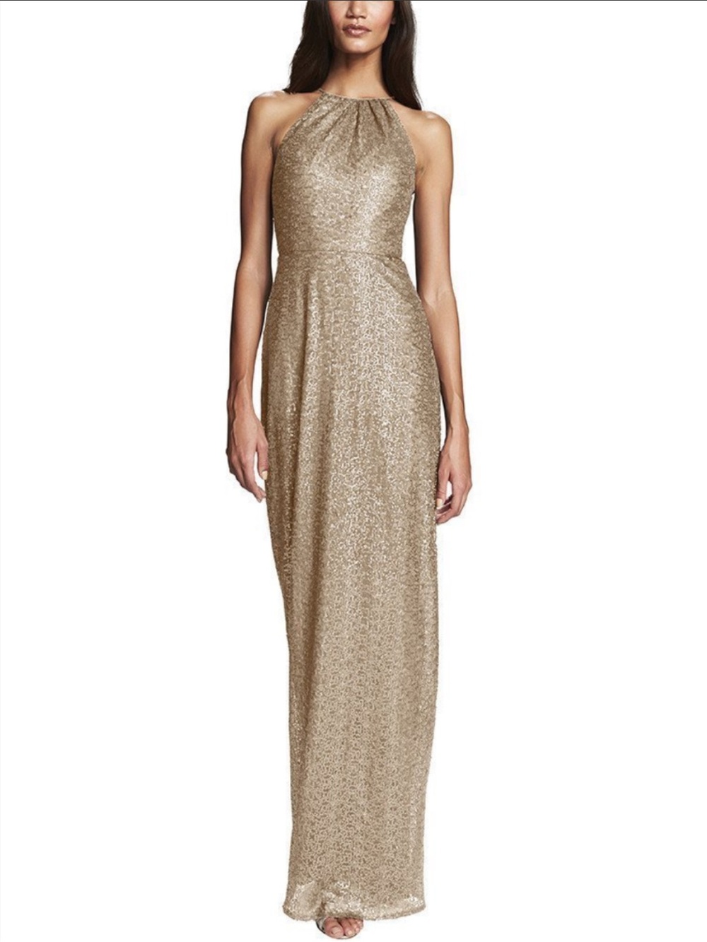 Amsale Chandler Sequin halter maxi dress gold sz 12-14